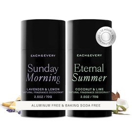 Each & Every Desodorante Todo Natural - Desodorante Sin Aluminio para Mujeres y Hombres - Multipack Con Coco y Lima y Lavanda y Limón - Envase Vegetal Tamaño Viaje (Paquete de 2, 2.5 Oz Cada Uno)