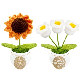 2PCS Crochet Potted Sunflower & Lily of The Valley Artificial Flowers Set,Emotional Support Plant Doll,Handmade Hand-Crocheted Knitted Decor Pot,Cute Desk Car Home Office Ornament Decor with Card