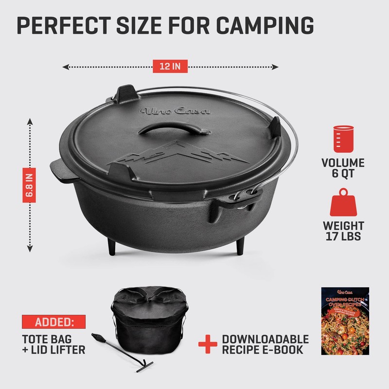 Uno Casa 6Qt Cast Iron Camping Dutch Oven with Lid