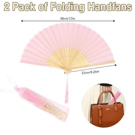 Hand Fan Pink, Fan Pink, Pack of 2 Small Fabric Hand Fans, Foldable Fans with Tassel and Fan Bag, Wedding Fan for Summer, Wedding, Performance, Decoration