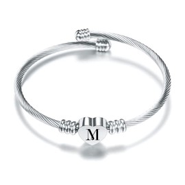 SBI Jewelry Initial M Bracelet for Women Letter Cuff Silver Heart Bangle Wife Mom Auntie Sister Best Friends Family Birthday Mothers Day Anniversary Stainless Steel