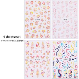Fspronail Hawaiian Flower Nail Stickers,3D Sunmmer Nail Stickers for Nail Art Ombre Glitter Hibiscus Flower Nail Decals Colorful Floral Butterfly Design Self-Adhesive Manicure Decoration Accessories