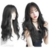 Peluca Larga Sintetica Ondulada Negro Natural Fleco Mujer