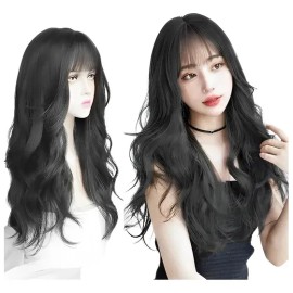 Peluca Larga Sintetica Ondulada Negro Natural Fleco Mujer