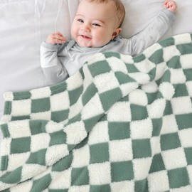 HOMRITAR Checkered Baby Blanket for Boys Sage Green Soft Fluffy Fuzzy Blankets with 3D Chessboard Grid, Warmer Comfort Reversible Lightweight Bed Blanket for Toddlers Infant or Newborn 30 x 40 Inch