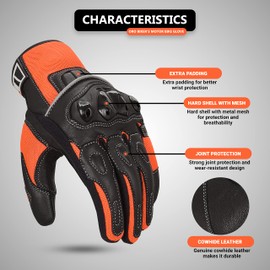 Oro Biker Oro Biker Motorbike Motorcycle Gloves, Premium Leather and Summer Mesh Hard Knuckle Touch Screen Motorbike Gloves Racing ATV Riding Gloves for Men (Small, Black/Fluorescent Orange)