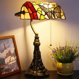 Tiffany Banker Lamp Small Stained Glass Table Lamp Tiffany Style Piano Light Desk Lamp Angle Adjustable 10.6X15.7 Inch for Home Office Living Room Bedroom (Butterfly in Flower Style)