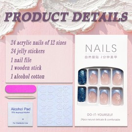 Christmas Press on Nails Short Square SWEKKE French Tip Fake Nails Blue Full Cover White Snow False Nails with Designs Glitter Glossy Glue on Nails Manicure Artificial Nails for Women Girls 24Pcs