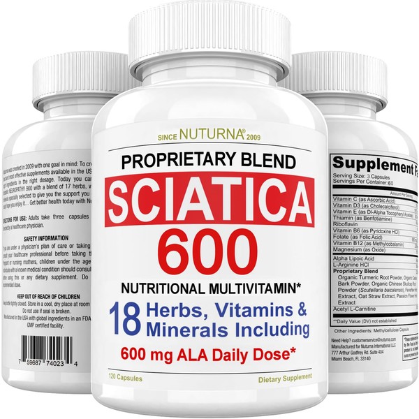 Sciatica Nerve Nutritional Blend with 600 mg Alpha Lipoic Acid - Natural Vitamins for Lower Lumbar, Back, Hip, Thigh, Leg, Foot Turmeric Curcumin 2000-120 Capsules