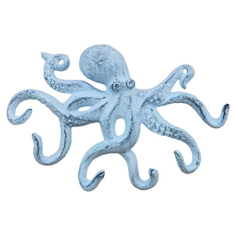 Rustic Dark Blue Whitewashed Cast Iron Octopus Hook 11 Inch