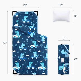 Wake In Cloud - Cot Nap Mat with Pillow and Blanket, for Toddler Kids Boys in Daycare Kindergarten Preschool Pre K with Elastic Corner Straps, Cute Dinosaur Driving Cars, Navy Blue