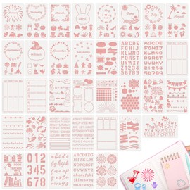 Augshy 36 Pcs Journal Stencils Time Saving Planner Accessories with Storage Chain for Painting with Monthly/Weekly/Daily Calendar, Letter Stencils, DIY Drawing Templates