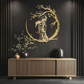 Samurai Sakura Metal Wall Art, Japanese Metal Wall Art Decor, Samurai Metal Wall Art, Katana Metal Wall Decor, Samurai Wall Art, Japanese Wall Art, Living Room Wall Hangings (Gold, 18"x 22"| 48x58cm )