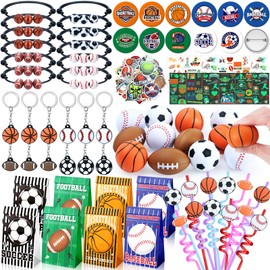 132PCS Sports Party Favors Set Baseball Soccer Basketball Football Birthday Supplies Straws Stress Ball Goodie Bags Stuffers Boys Kids Gift Prize Stickers Keychain Tattoo Badge Sports Party Supplies
