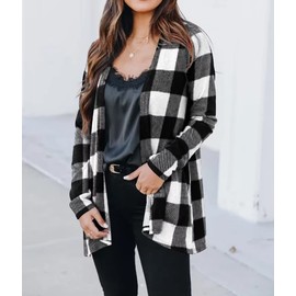 Lacozy Womens Oversized Buffalo Plaid Shirt Loose Lightweight Cardigan Blouse Black White Large
