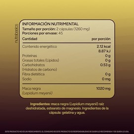 Maca Negra 90 Cápsulas | 1020 mg por Porción | Raíz de Maca Lepidium meyenii | Suplemento Alimenticio Sin Sabor | Nutrabasics