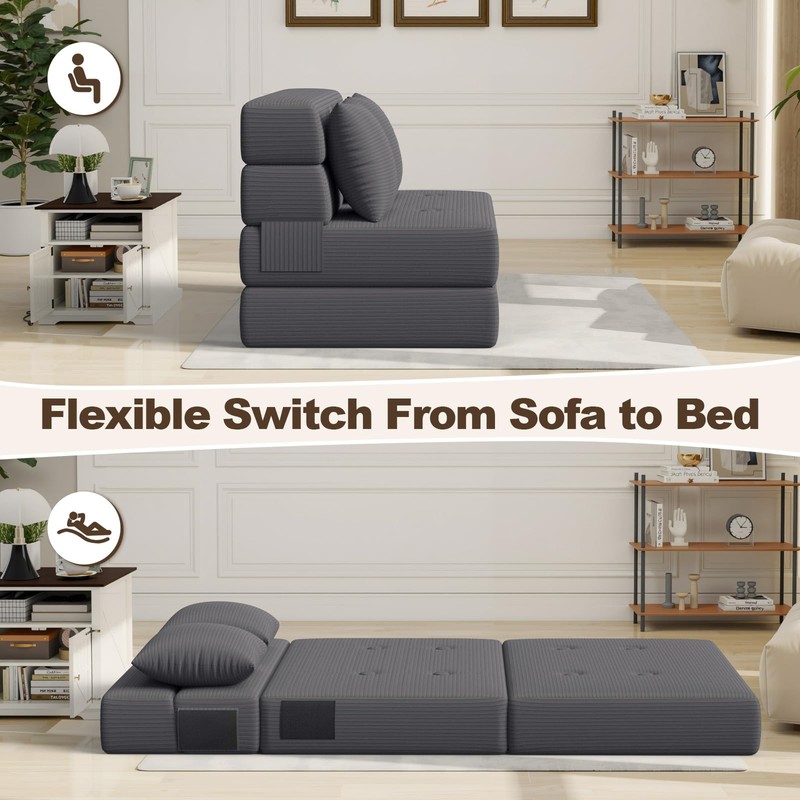 Folding Sofa Bed, One-Piece High-Density Foam Sleeper Chair, Grey, Twin
