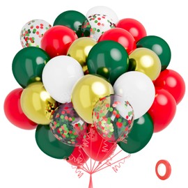 Red Green Gold White Balloons, 60 PCS Christmas Balloons, 12 Inch Latex Balloons Red Green Confetti Balloons Garland Kit for Christmas Xmas Birthday Baby Shower Graduation New Year Party Decorations