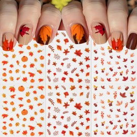 6 Sheets Fall Nail Stickers for Nail Art Maple Leaf Nail Decals 3D Autumn Nail Art Stickers Maple Leaves Ginkgo Leaf Nail Supplies Pumpkin Fruit Mushroom Cherry Harvest Nail Decoration for Women Girls