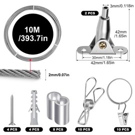 Celepoir Rope Tension Set for Curtain, 10 m Curtains Rope System with 2 Corner Holders and 2 Types of Metal Clip Hooks, 7 x 7 Curtains Wire Rope, Curtain Rope Tension System for Ceiling or Wall, for