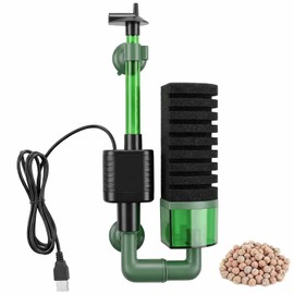 Aquarium Sponge Filter, 20 Gal, Fish Tank Filter Double Sponge Replaceable Media with 1 Biochemical Sponges and 1 Bag of Filtered Ceramic Balls, for Salt Water and Fresh Water (Included USB Air Pump)