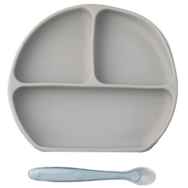 PAPU BABY Plato con divisiones y cuchara de silicón para bebés. Libres de BPA. Plato con succión. Silicón de grado alimenticio. Alimentación independiente. (Gris Claro)