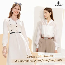 TRIWORKS 4 Pack Skinny Elastic Belts for Women Gold Buckle Thin Stretchy Waist Belts for Dresses, Silver Black+white+grey+brown, Fits waist size 40"-45"