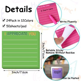 Wonninek 24 Pcs Inspirational Sticky Notes with Lines 3 x 3'' Cute Motivational Sticky Note Pad Appreciation Sticky Notes Gifts for Coworkers Nurse Teacher Office Supplies Appreciation