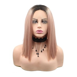 variouswig Pink Ombre Short Straight Synthetic Lace Front Wigs With Dark Roots Peach Pink Bob Hairstyle Heat Resistant Fiber for Daily Style Fashion Women 14"