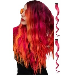 2 x Clip-In Hair Extension Highlights Streaks, Colourful Hair Highlights (Curly Rose Pink x 2)