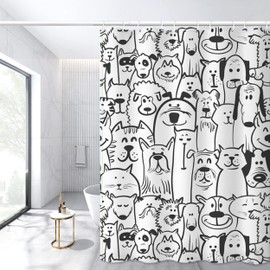 JV Home Cute Dog Shower Curtains with Hooks Decorative Funny Animal Pattern Washable Waterproof Polyester Fabric for Bathroom Accesories Decor Shower Curtain Set Rideau Douche 72x72 inch White Black