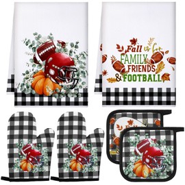 Leinuosen 6 Pack Fall Thanksgiving Kitchen Set with 2 Pcs Kitchen Football Dish Towel 2 Pcs Leaf Pot Holder and 2 Pcs Leaf Oven Mitt for Thanksgiving Kitchen Gifting Baking Cooking Accessories