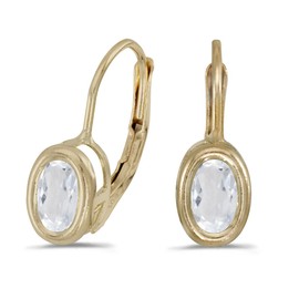 14k Yellow Gold Oval White Topaz Bezel Lever-back Earrings