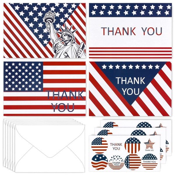 AnyDesign 32 Pack Patriotic Thank You Cards with Envelopes Stickers American Flag Greeting Cards 4th of July USA Note Cards for Party Essentials Independence Day and All Occasions
