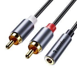 RCA 3.5mm Converter Cable - SOOMFON Aux 3.5mm Female to 2RCA Mini Plug Converter Audio Cable Red White Y Type Splitter Heavy Duty Nylon Braided Gold Plated Plug for Smartphones, Cars, Speakers,