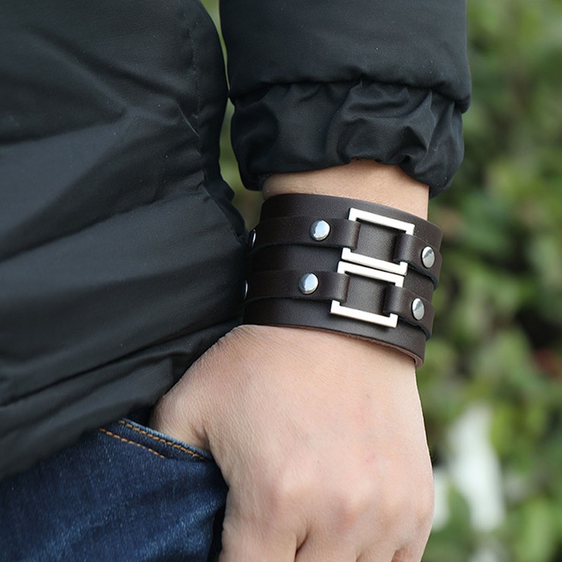 2pcs Wide PU Leather Bracelet Wrist Cuffs Punk Cuff Bracelet