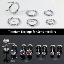 Titanium Earrings for Sensitive Ears - Flat Back Stud & Hoop Earrings Set, Hypoallergenic Surgical Stainless Steel, Cubic Zirconia - 7 Pairs (Silver-Aurora/Clear CZ)
