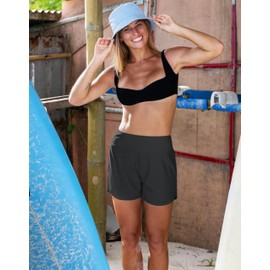 Women's 4" Swim Board Shorts High Waisted Tummy Control Swimsuit Bathing Suit Bottoms for Women with Liner Pocket(Dark Grey,L)