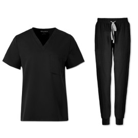 PuriPure Scrubs for Women Set Nurse Uniform Scrubs 4 Way Stretch V-Neck Scrub Top & Jogger Pant with 6 Pockets Scrubs Set (Black, Medium)