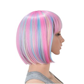 SWACC Short Straight Bob Wig with Bangs Synthetic Colorful Cosplay Daily Party Flapper Wig for Women with Wig Cap (Pink Blue Blonde Multi-Colored)