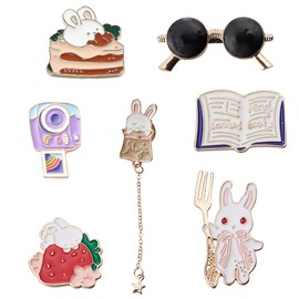SUNNYCLUE 1 Box 7Pcs 7 Styles Bunny Pins Enamel Brooches Easter Cartoon Brooch Pins Cat Strawberry Rabbit Glasses Book Pin for Backpack Clothing Badges Hats Bags Scarves Women Accessories Supplies