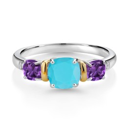 Gem Stone King 1.50 Ct Green Turquoise Purple Amethyst 925 Silver and 10K Yellow Gold Diamond 3-Stone Ring (Size 6)