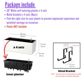 LaLaGreen Railing Planter Box (20 Inch, 4 Pack) White Rectangular Window Flower Boxes with Bracket, Self Watering System Hanging Planter Box for Outdoor Plant Pots Container Deck Rail Fence Balcony