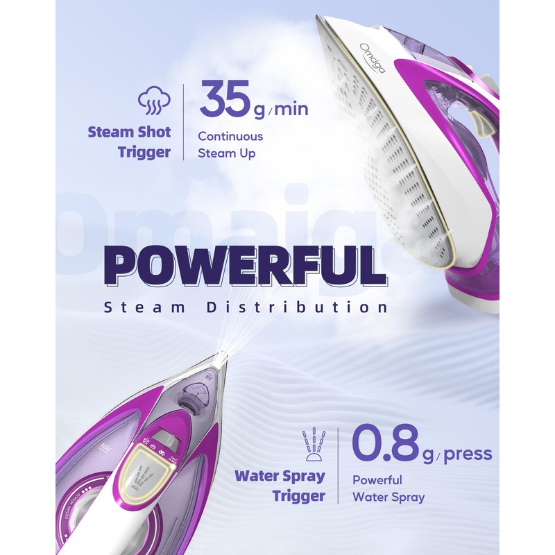 OMAIGA Steam Iron for Clothes, 1750W with Rapid Heating Ceramic