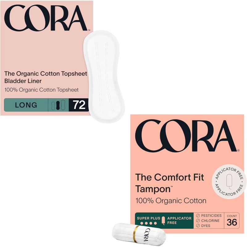 Cora Organic Bladder Liners & Non-Applicator Tampons, 108Ct, Bundle Pack
