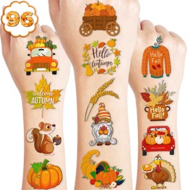 100 PCS Fall Autumn Temporary Tattoos Themed Birthday Party Decorations Favors Supplies Décor Funny Pumpkin Thanksgiving Leaves Tattoo Stickers Gifts For Game Kids Boys Girls Classroom School Prizes