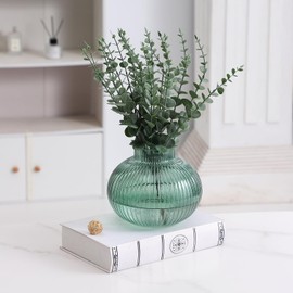 YANWE1 Round Glass Vase for Flowers, Ribbed Vases, Fluted Short Vases for Tulips, Green Glass Vase for Living Room, Office, Coffee Table, Shelf, Wedding, 6 Inches
