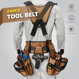 ZAKCO Professional 1680D Polyester Tool Belt with Suspender, Strudy Tool Belt for Carpenters, Framers, Electricians, Plumbers, Hanyman & DIY (Khaki, Full Size)