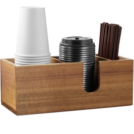 ALELION Acacia Wood Coffee Cup Holder for Countertop - Wood Coffee Bar Accessories and Organizer - Coffee Station Organizer for Cup Lid Stirrers Pod