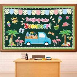 Justforjoyful 61Pcs Summer Truck Bulletin Board Set Hawaiian Theme Cutout Classroom Bulletin Board Border Decoration Tropical Surfing Into Summer Cutouts Wall Decor Chalkboard Back to School Supplies